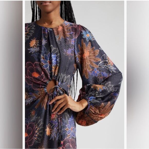 FARM RIO sparkle flowers mini dress cut out detail in black Long Sleeves Sz S - Picture 4 of 8